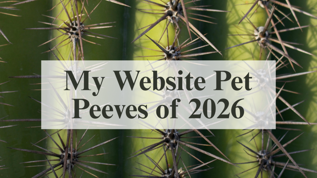 close up of a green cactus with text overlay saying "my website pet peeves of 2026"